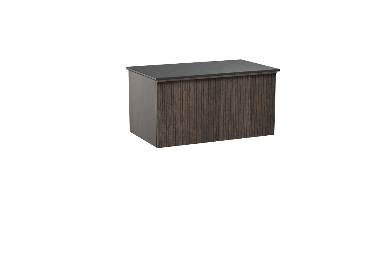 Balmani Forma zwevend badkamermeubel 90 x 55 cm gerookte eik met Stretto enkel tablet in graniet zwart, Verticale symmetrische rechte ribbel