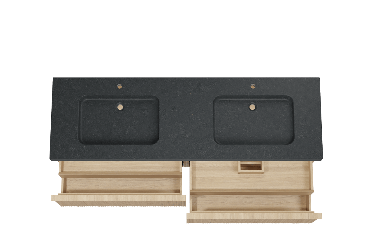 Balmani Forma hängendes Möbelstück Set: 180 x 55 cm, Naturbelassene Eiche, mit Napoli Doppelwaschtisch, Granit, Schwarzes Granit, Vertikale asymmetrische Runde Rippe