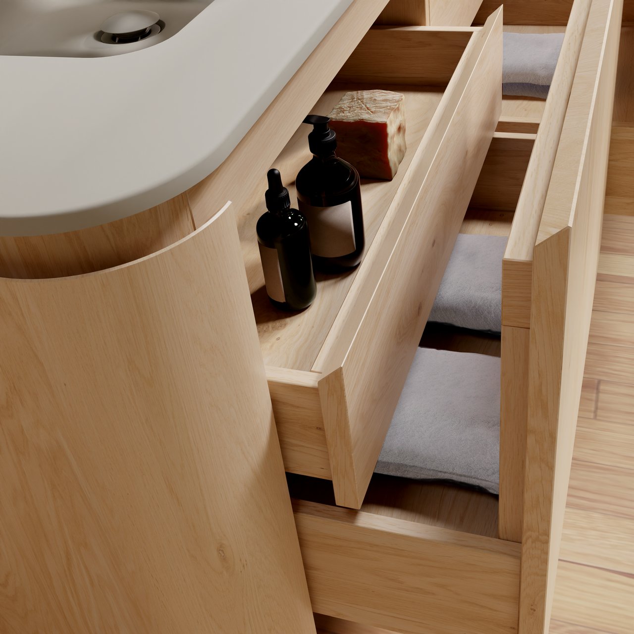 Balmani Moon meuble salle de bains suspendu 130 x 55 cm chêne naturel avec Moon plan simple en top solid soie grise