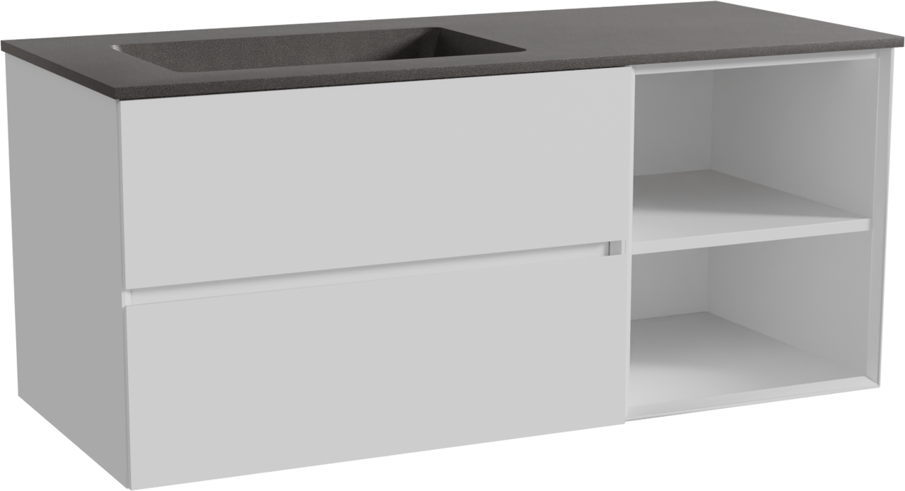 Storke Edge zwevend badmeubel 120 x 52 cm mat wit met Scuro asymmetrisch linkse wastafel in kwarts mat zwart