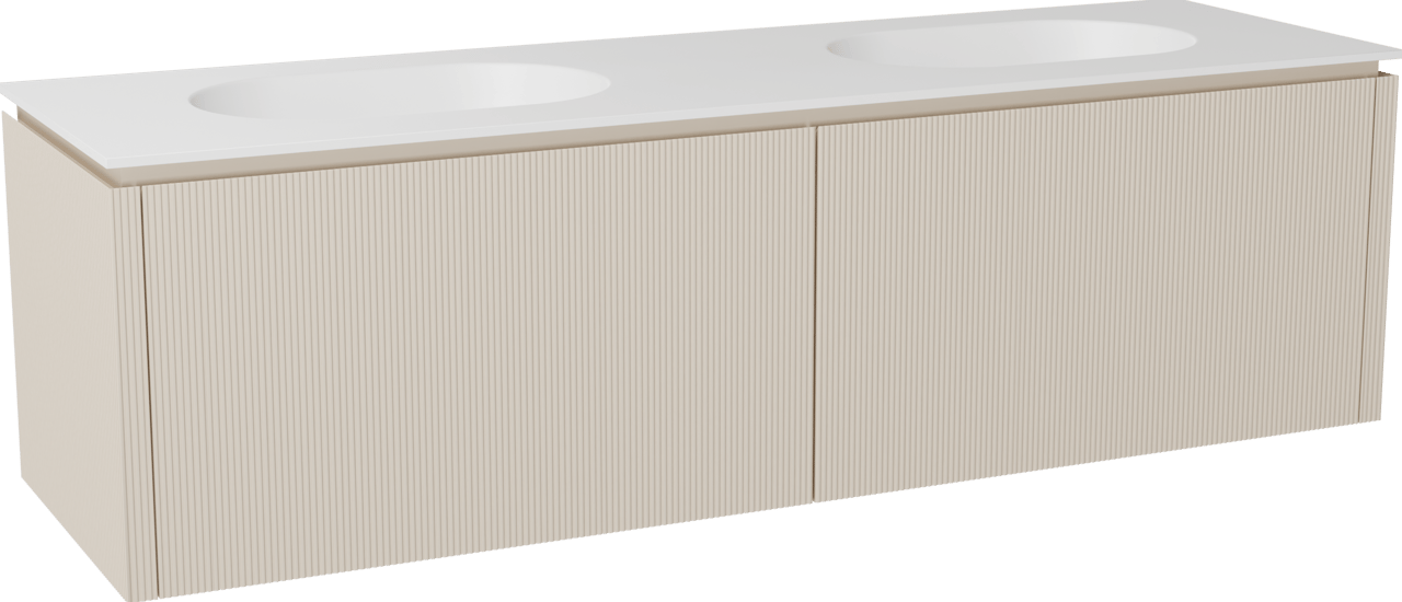 Balmani Eclips meuble salle de bains suspendu 180 x 55 cm Sandbeige avec Tablo Oval double vasque en Solid Surface blanc mat, Nervure droite symétrique verticale