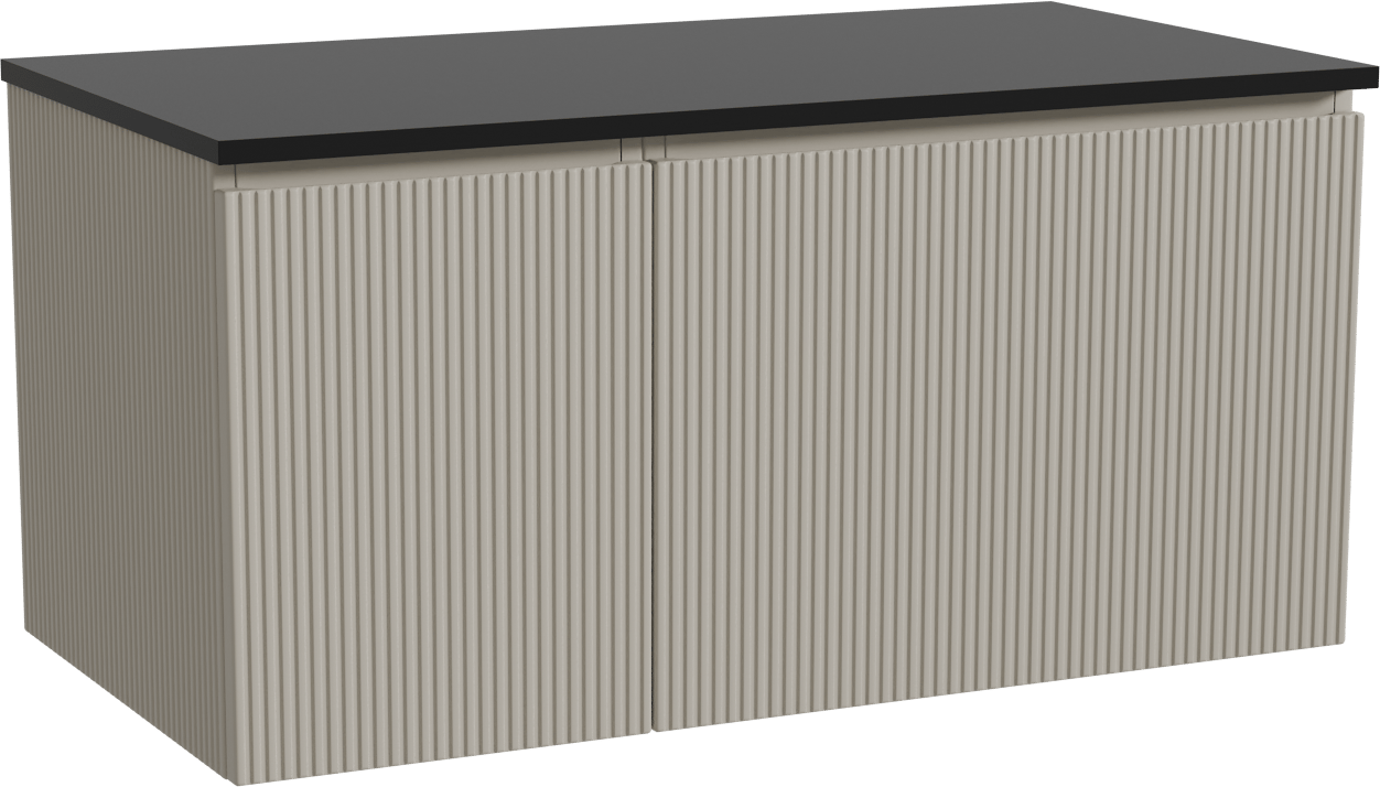 Storke Ribs zwevend badmeubel 100 x 52 cm zijdegrijs met Panton enkel wastafelblad in gepoedercoate mdf mat zwart, Verticale symmetrische rechte ribbel