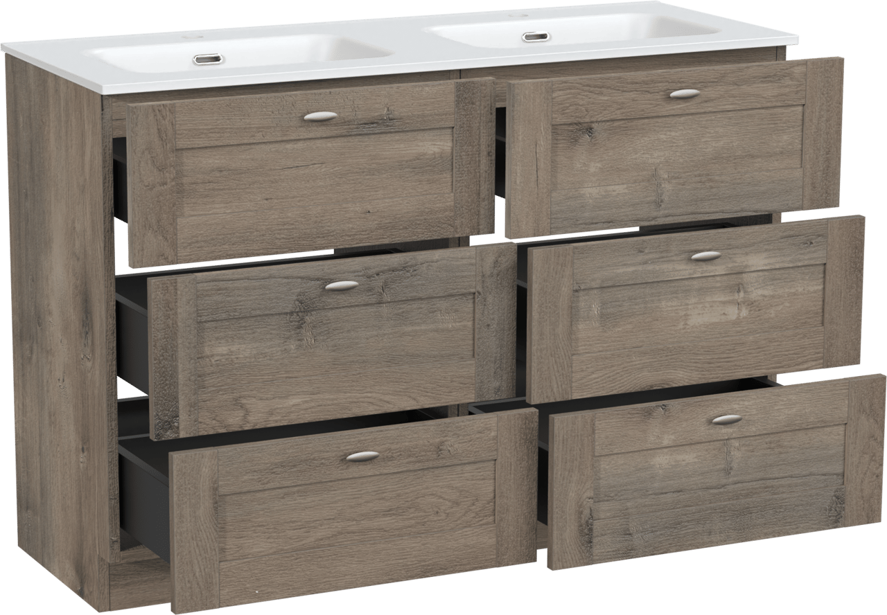 Linie Classo freistehendes Möbelstück Set: 120 x 46 cm, Graue Eiche, mit Baro Doppelwaschtisch, Porzellan Weiß matt