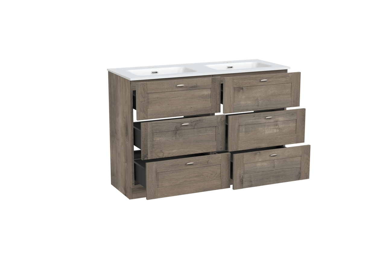 Linie Classo freistehendes Möbelstück Set: 120 x 46 cm, Graue Eiche, mit Baro Doppelwaschtisch, Porzellan Weiß matt