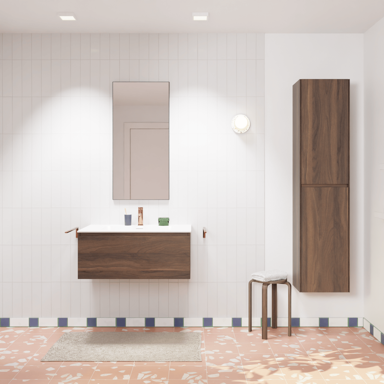 Storke Edge meuble salle de bains suspendu 85 x 52 cm noyer avec Mata plan simple en solid surface blanc mat