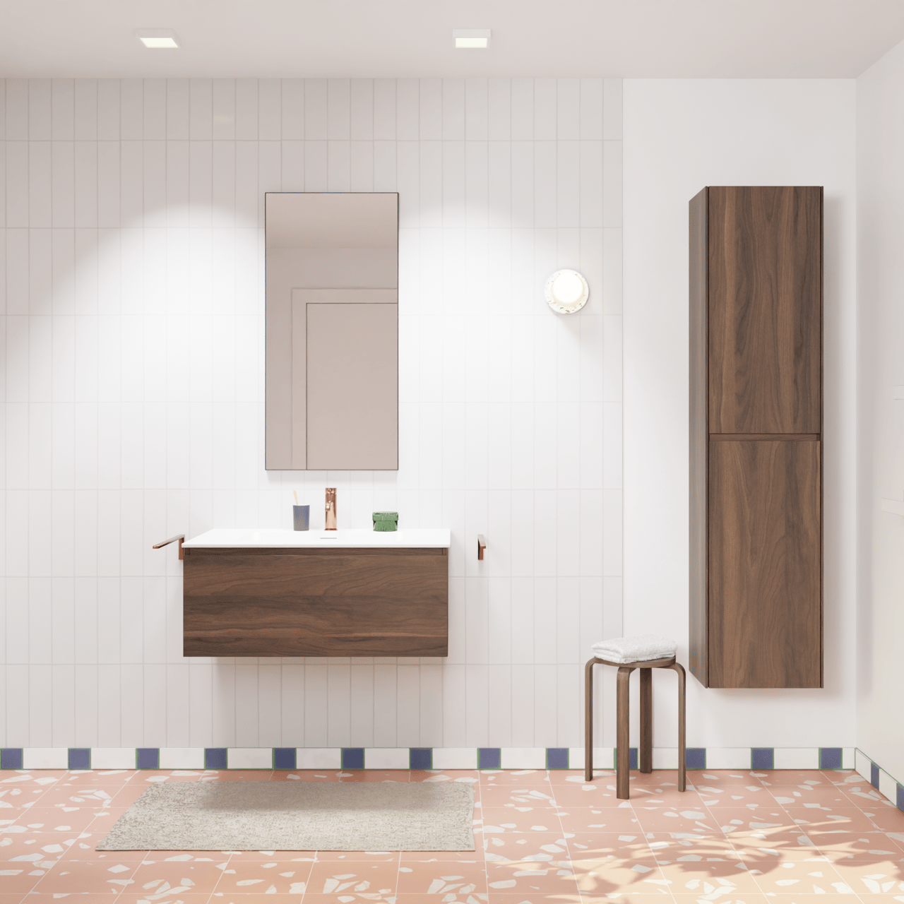 Storke Edge zwevend badkamermeubel 85 x 52 cm notelaar met Mata enkele wastafel in solid surface mat wit