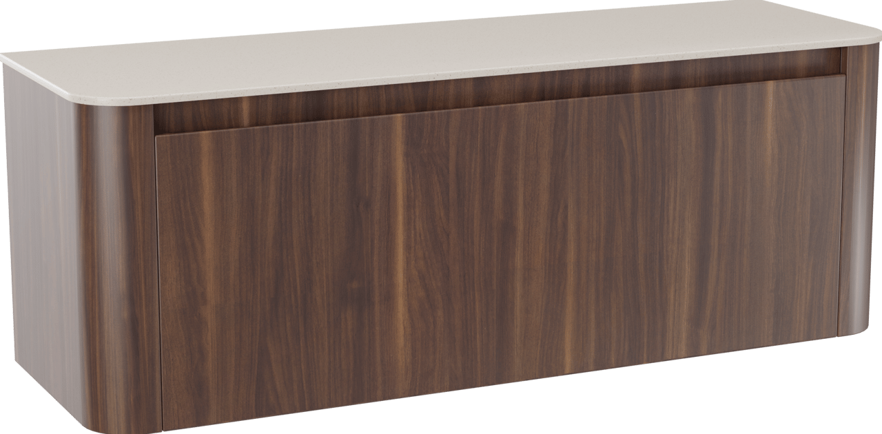 Storke Soft meuble salle de bains suspendu 140 x 46 cm noyer avec Tavola Soft tablette simple ou double vasque en Solid Surface beige granite