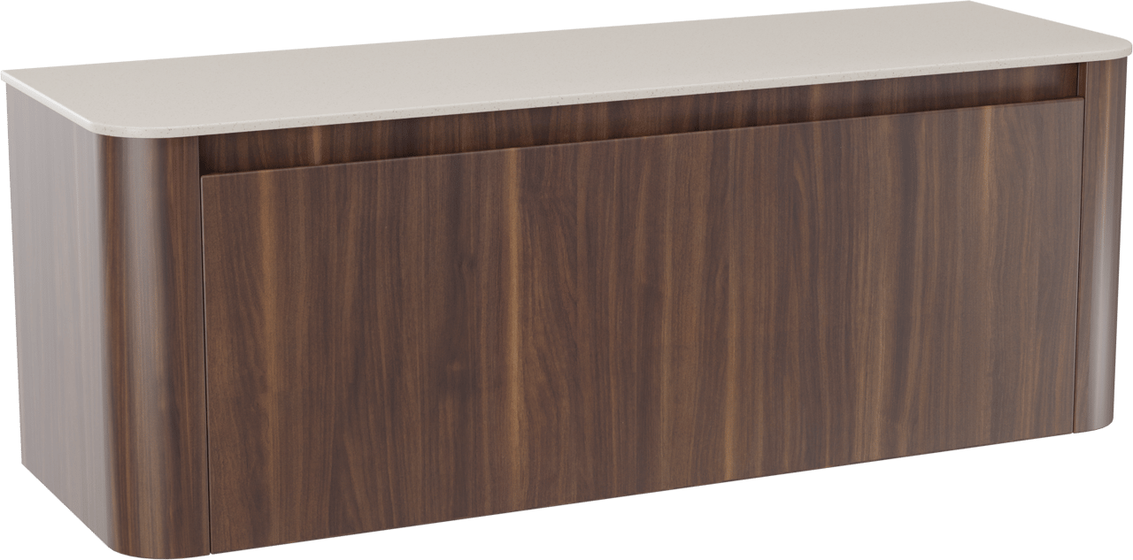 Storke Soft meuble salle de bains suspendu 140 x 46 cm noyer avec Tavola Soft tablette simple ou double vasque en Solid Surface beige granite