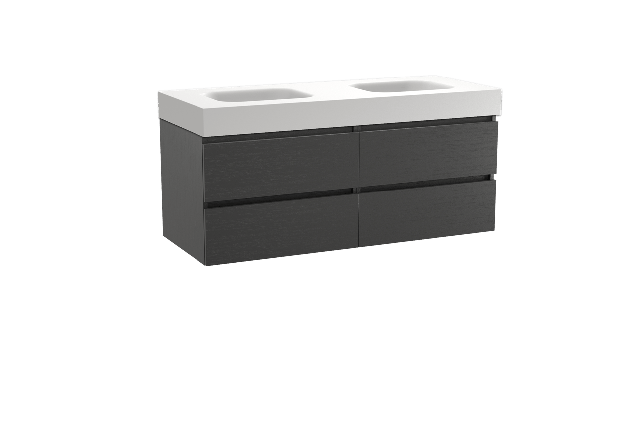 Balmani Lucida meuble salle de bains suspendu 135 x 55 cm chêne noir avec Arcato double vasque en solid surface blanc mat