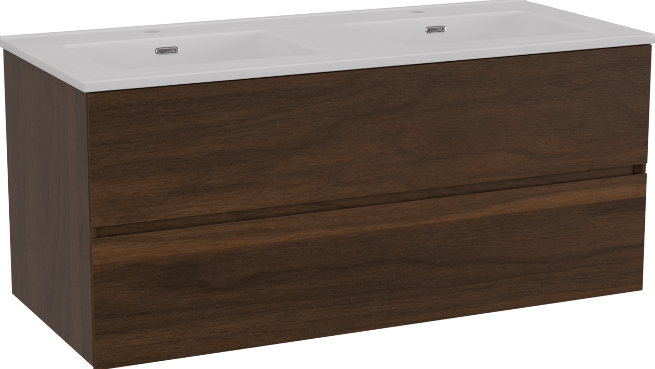 Storke Edge zwevend badmeubel 120 x 52 cm notenhout met Kera dubbele wastafel in porselein hoogglans wit