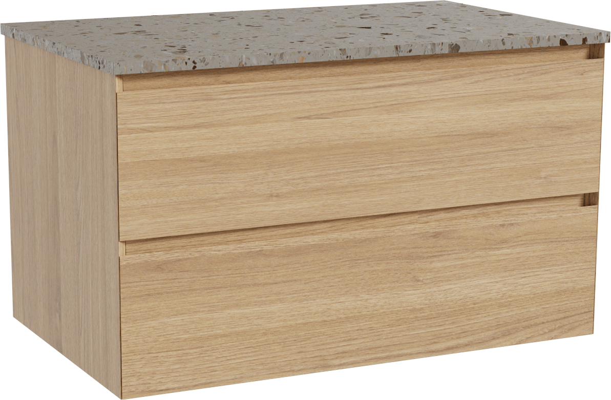 Balmani Mitra meuble salle de bains suspendu 90 x 55 cm chêne naturel avec Stretto tablette simple en terrazzo greige terrazzo