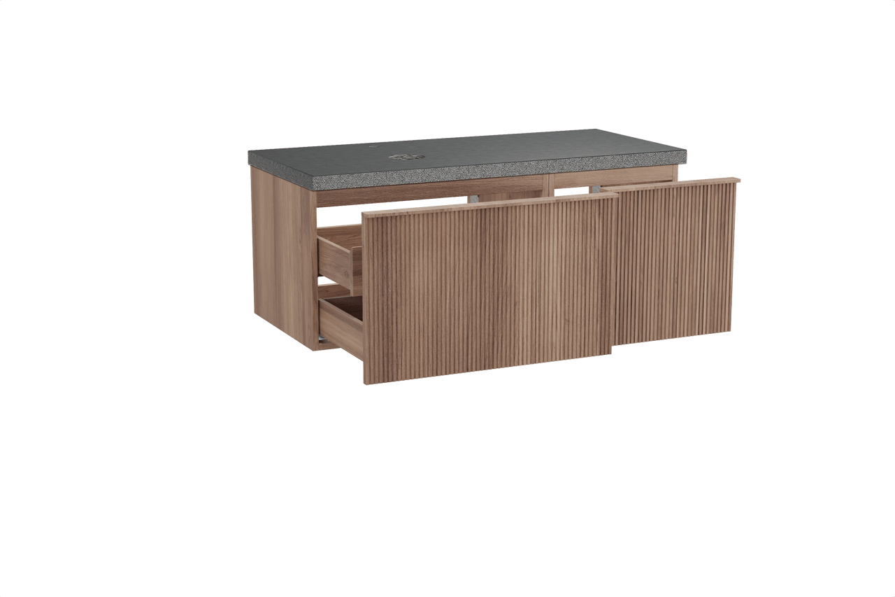 Balmani Forma hängendes Möbelstück Set: 120 x 55 cm, Teak, mit Rock Waschtisch links, Granit, Schwarzes Granit, Vertikale symmetrische gerade Rippe