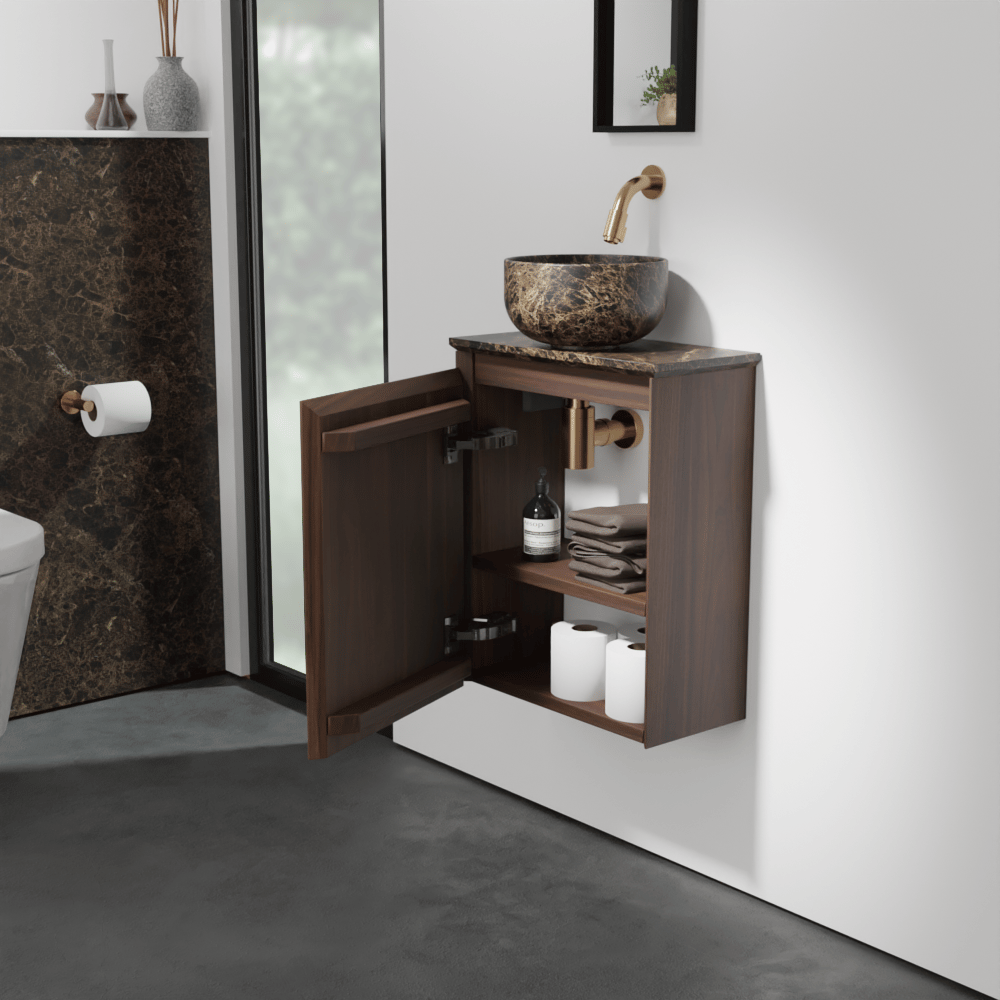 Balmani Mitra meuble wc suspendu 42 x 21 cm noyer américain avec Facetta tablette et Bowl vaque à poser en marbre Dark Emperador