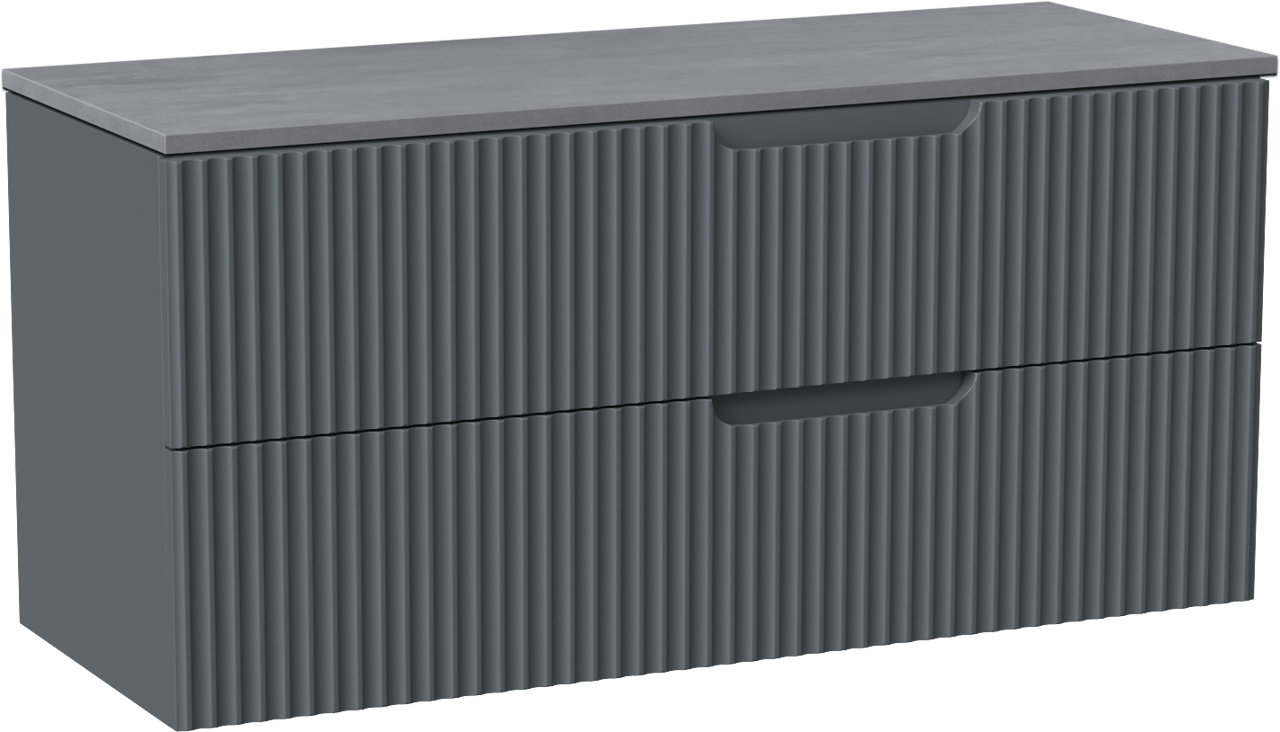 Linie Ribbo zwevend badmeubel 120 x 46 cm blauw antraciet met Lado enkel of dubbel wastafelblad in melamine beton donkergrijs, Verticale symmetrische ronde ribbel