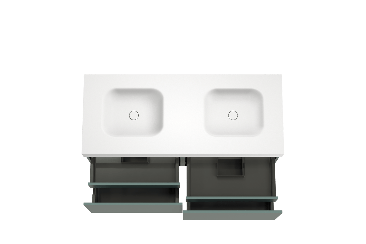 Balmani Sfera zwevend badkamermeubel 135 x 55 cm forest met Arcato dubbele wastafel in solid surface mat wit
