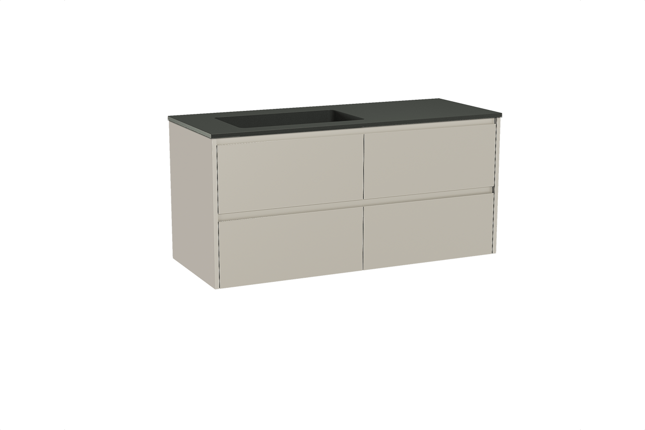 Storke Seda meuble salle de bains suspendu 130 x 52 cm soie grise avec Scuro plan vasque asymétrique à gauche en quartz noir mat