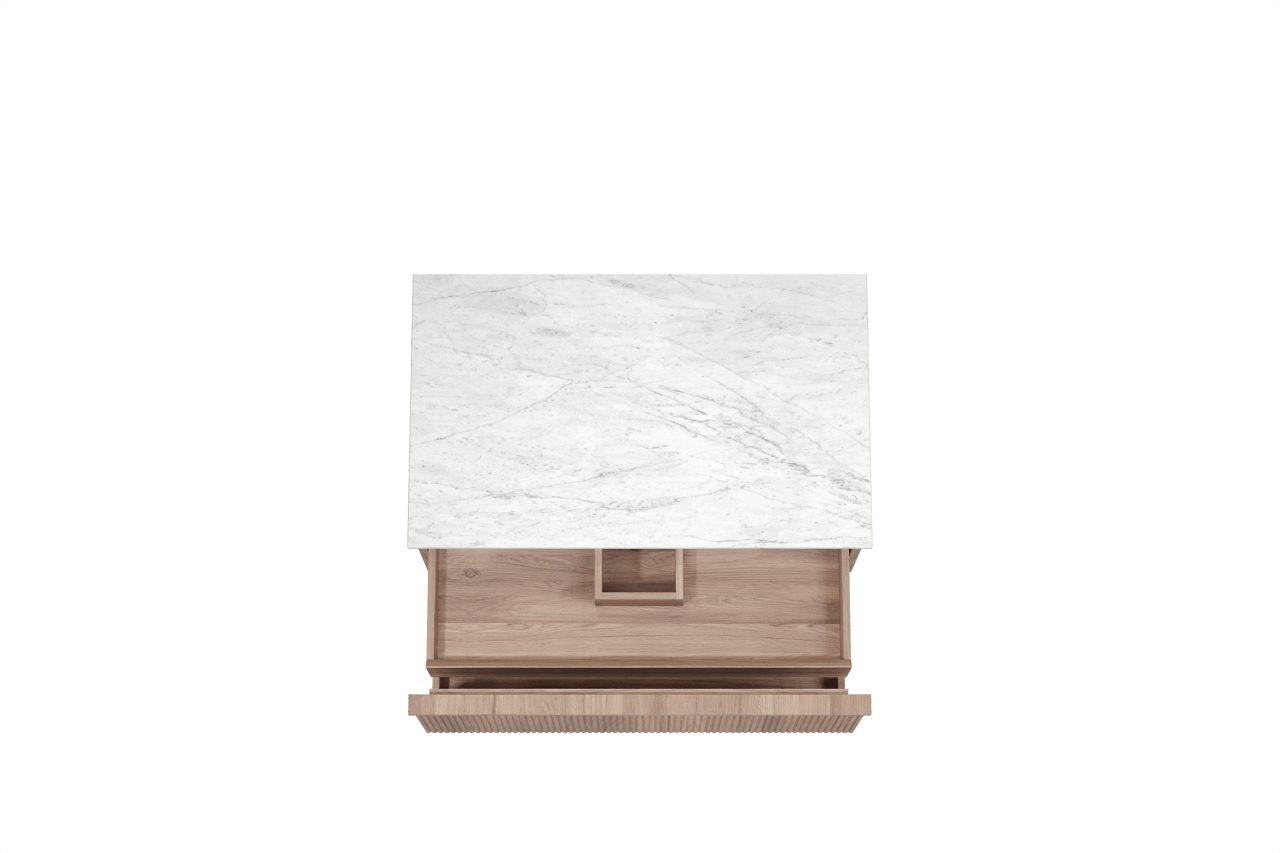 Balmani Forma hängendes Möbelstück Set: 90 x 55 cm, Teak, mit Stretto Einzel Waschtischplatte, Marmor, Carrara, Vertikale symmetrische gerade Rippe