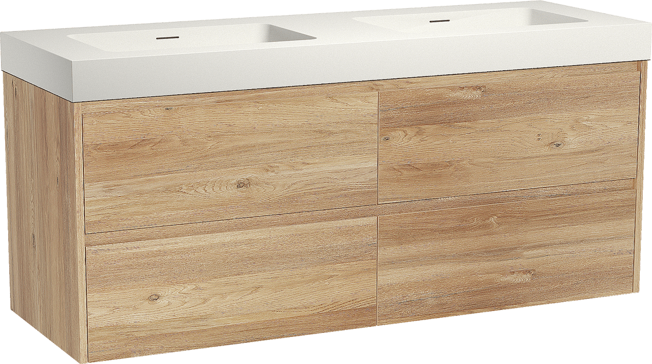 Storke Seda zwevend badmeubel 150 x 52 cm ruw eiken met Mata High dubbele wastafel in solid surface mat wit