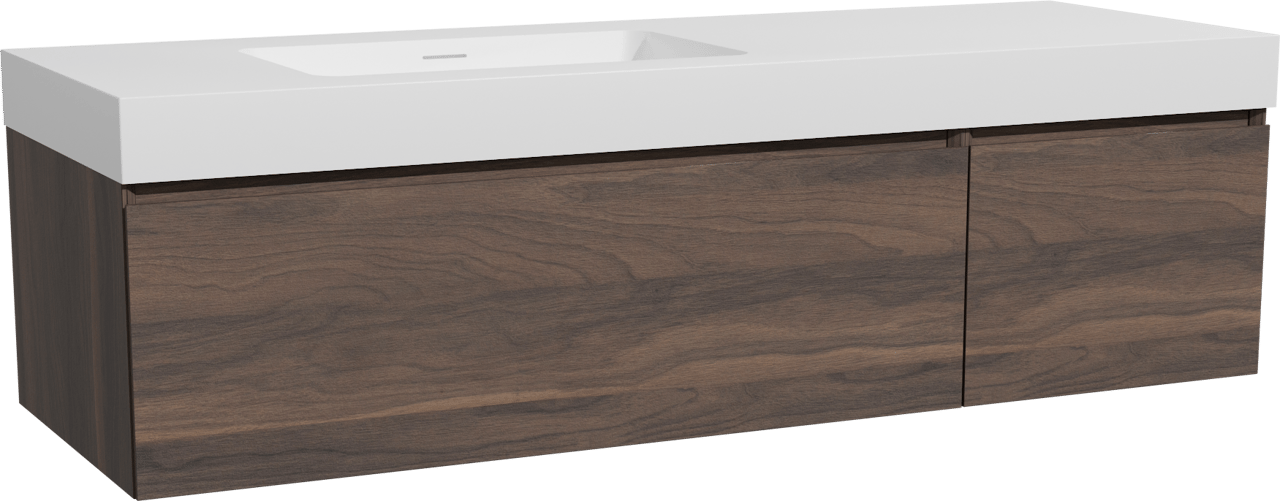 Storke Edge hängendes Möbelstück Set: 150 x 52 cm, Nussbaum, mit Mata High Waschtisch links, Solid Surface Weiß matt