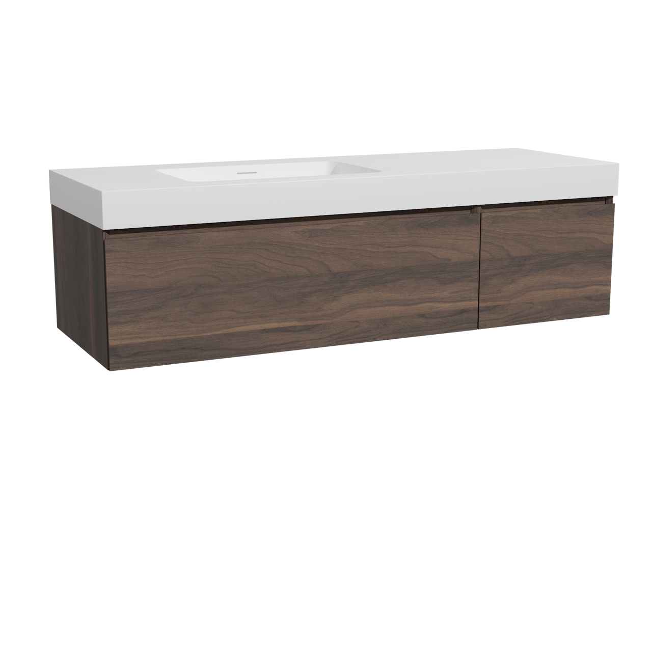 Storke Edge meuble salle de bains suspendu 150 x 52 cm noyer avec Mata High plan vasque asymétrique à gauche en solid surface blanc mat