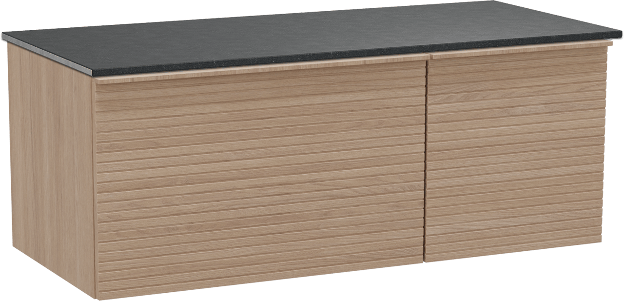 Balmani Forma zwevend badkamermeubel 120 x 55 cm natuur eik met Stretto enkel tablet in graniet zwart, Horizontale symmetrische rechte ribbel