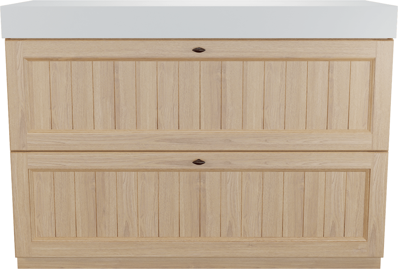 Balmani Lemon freistehendes Möbelstück Set: 135 x 55 cm, Naturbelassene Eiche Furnier, mit Dominus Einzel- oder Doppel Waschtischplatte, Weiß matt