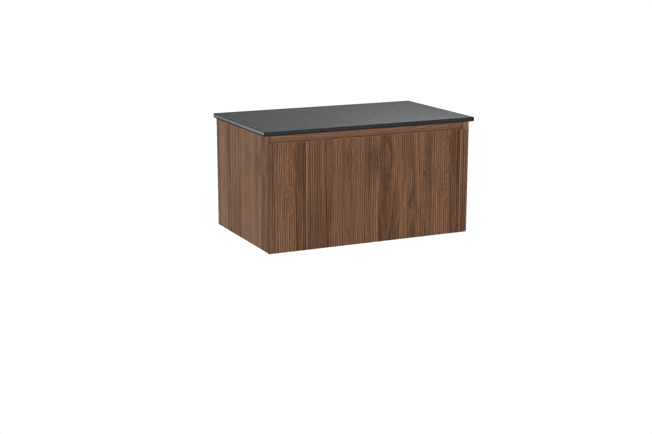 Balmani Fila hängendes Möbelstück Set: 90 x 55 cm, Nussbaum, mit Stretto Einzel Waschtischplatte, Granit, Schwarzes Granit, Vertikale symmetrische gerade Rippe