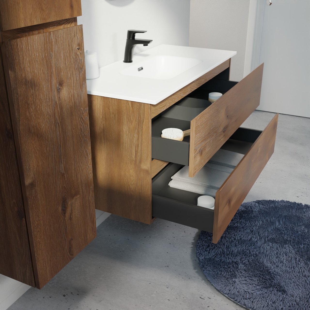 Linie Lado zwevend badkamermeubel 100 x 46 cm bruine eik met Baro enkele wastafel in porselein mat wit