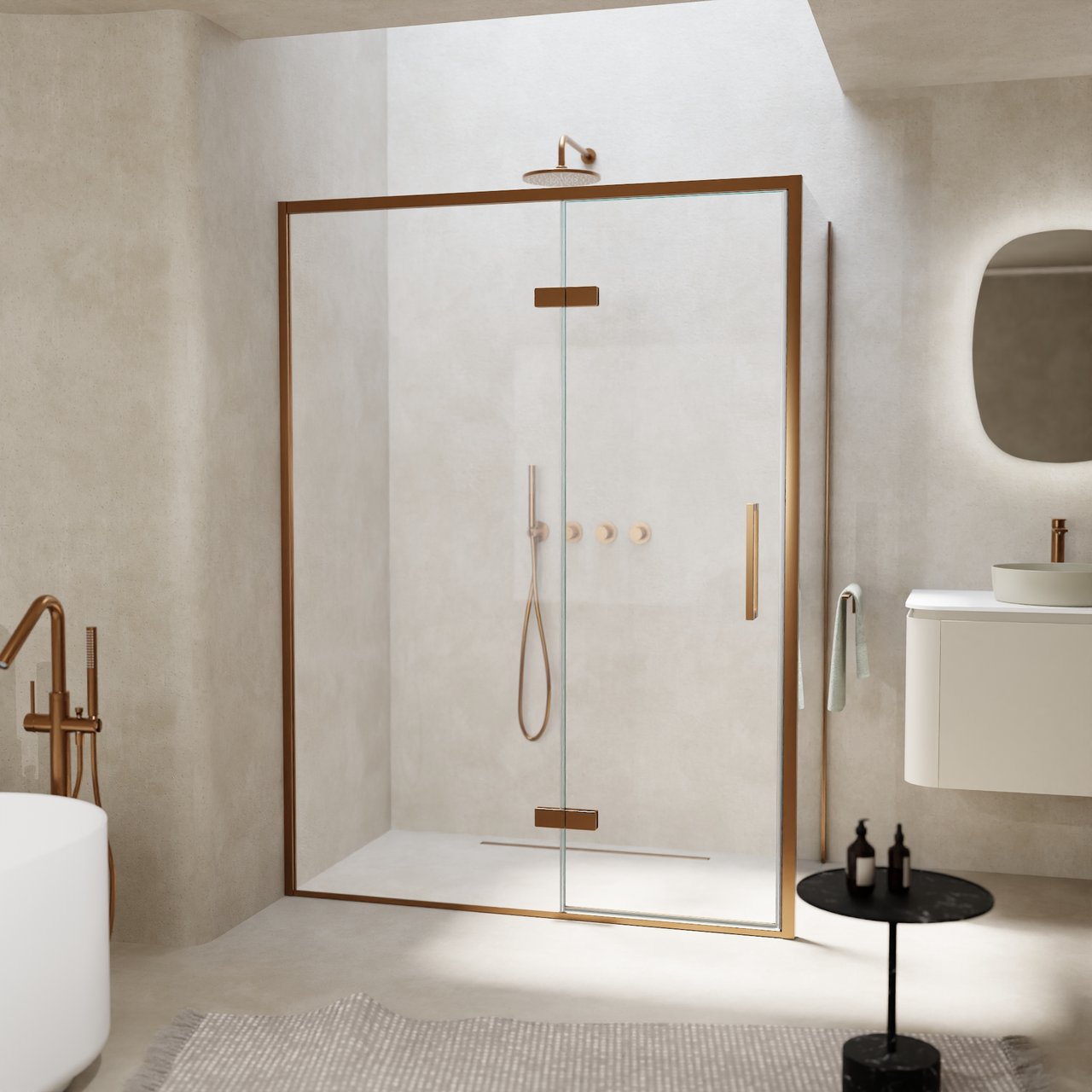 Balmani Senses Design Eckdusche: Drehtür (Links) mit fixierte Seitenwand, 140 x 90 cm, Klarglas, Profil Brushed Rosegold, inklusive Coating