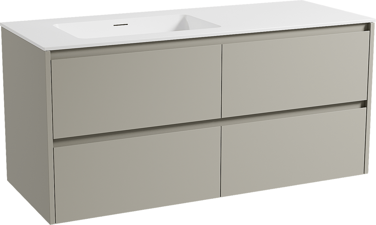 Storke Seda zwevend badmeubel 130 x 52 cm zijdegrijs met Mata asymmetrisch linkse wastafel in solid surface mat wit