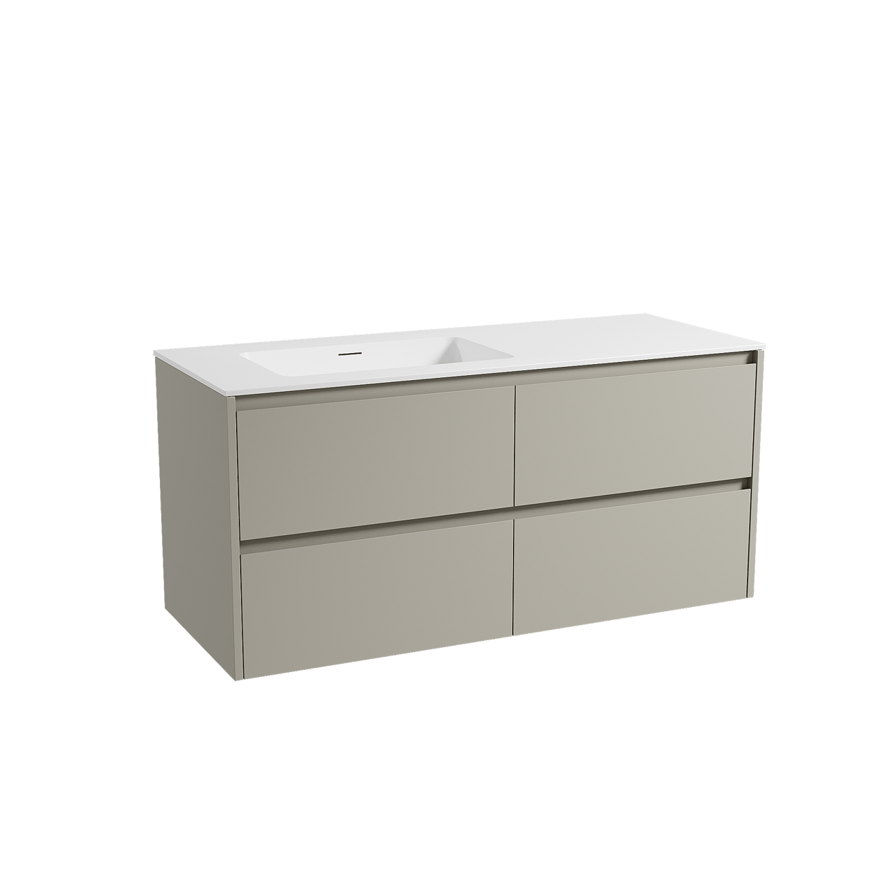 Storke Seda hängendes Möbelstück Set: 130 x 52 cm, Seidengrau, mit Mata Waschtisch links, Solid Surface Weiß matt