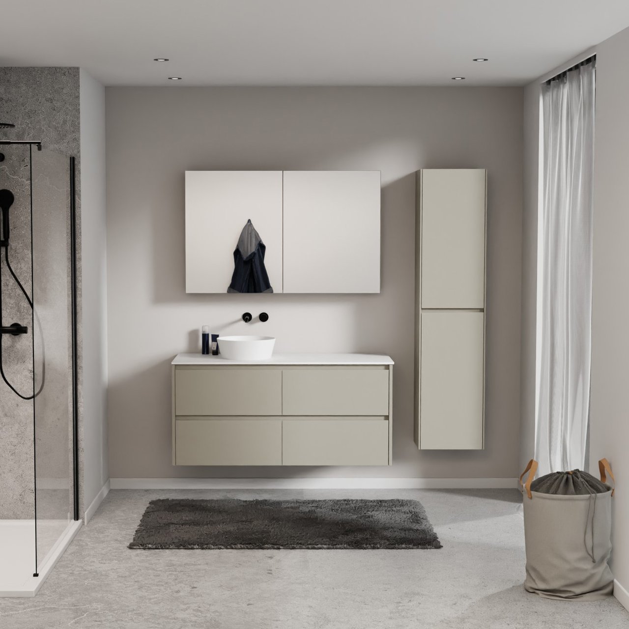 Storke Seda zwevend badmeubel 130 x 52 cm zijdegrijs met Tavola enkel of dubbel wastafelblad in solid surface mat wit