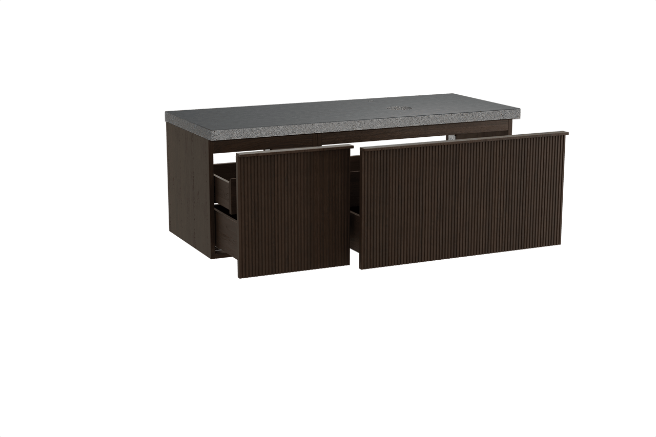 Balmani Forma zwevend badmeubel 135 x 55 cm gerookt eiken met Rock asymmetrisch rechtse wastafel in zwart graniet, Verticale symmetrische rechte ribbel