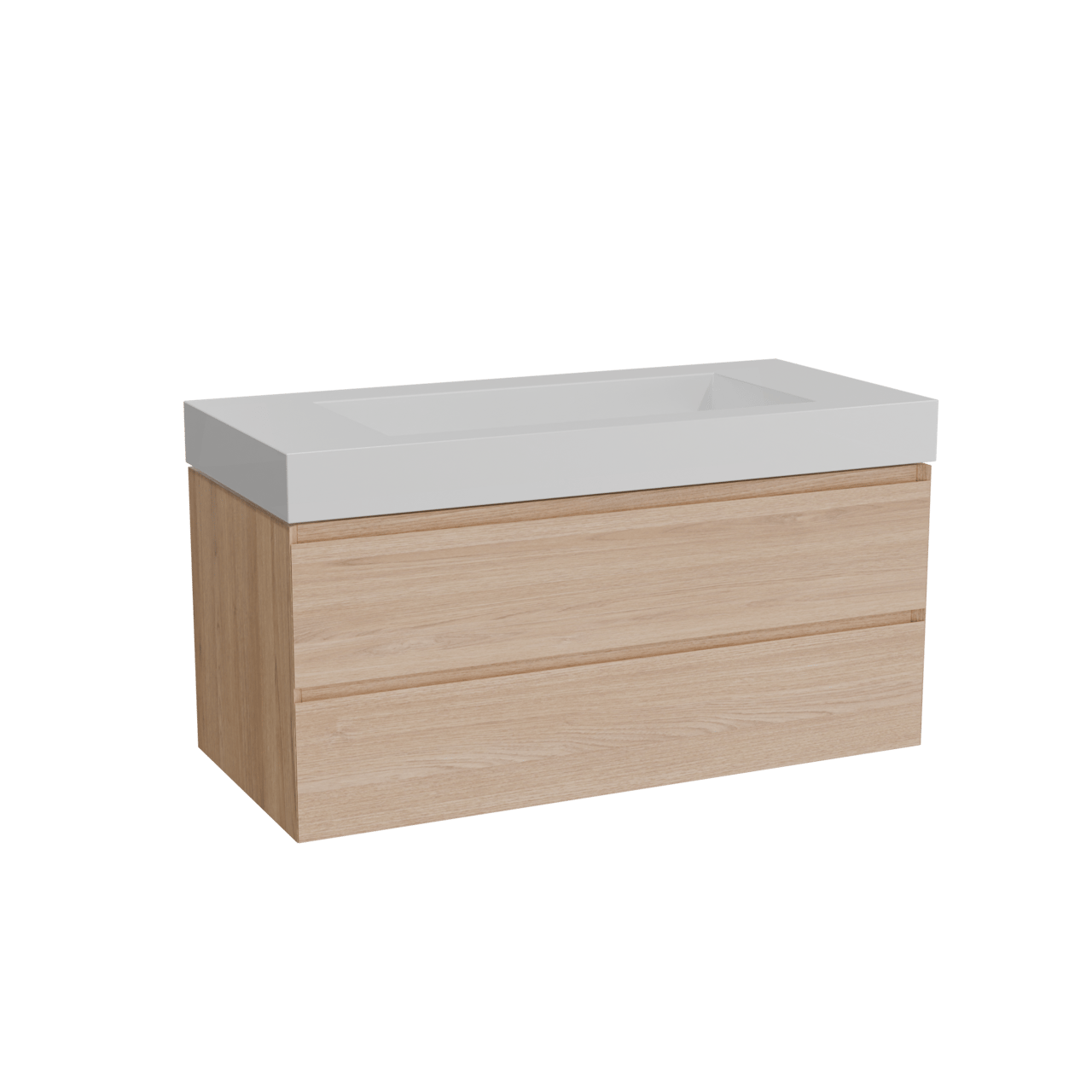 Balmani Mitra hängendes Möbelstück Set: 120 x 55 cm, Naturbelassene Eiche, mit Modus Einzelwaschtisch für 2 Armaturenlöcher, Solid Surface Weiß matt