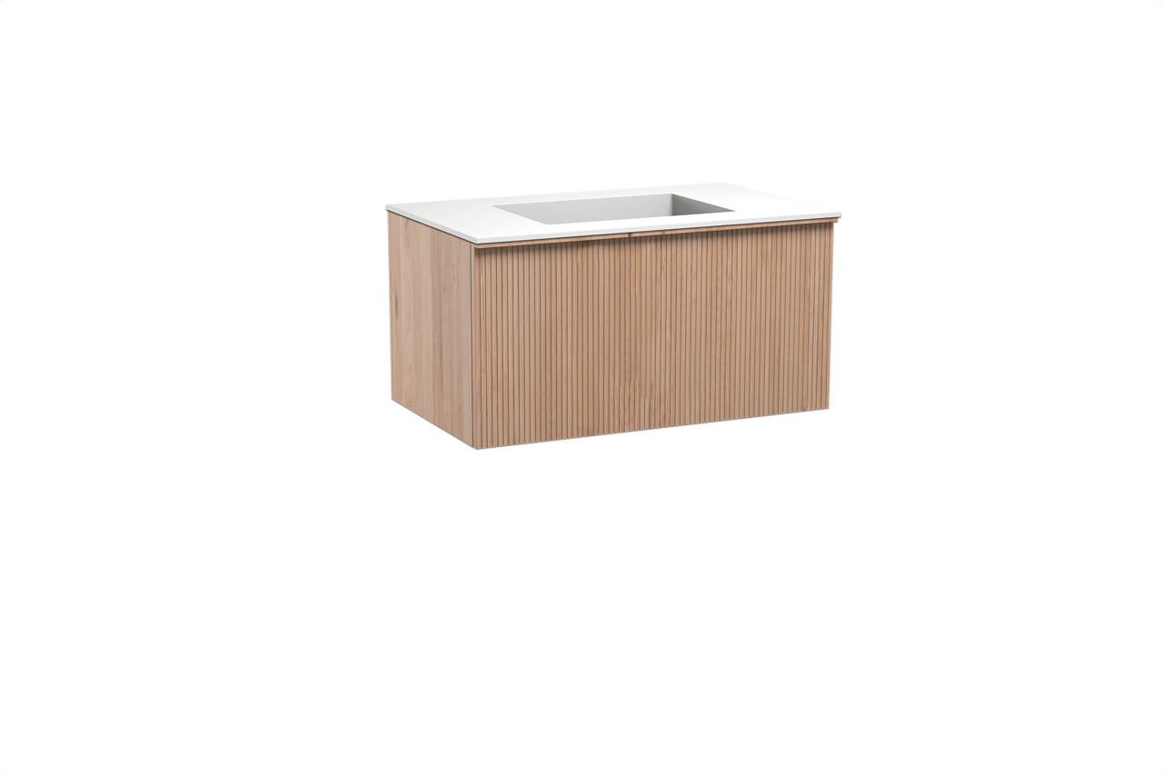 Balmani Forma zwevend badkamermeubel 90 x 55 cm natuur eik met Tablo Stretto enkele wastafel in solid surface mat wit, Verticale symmetrische rechte ribbel