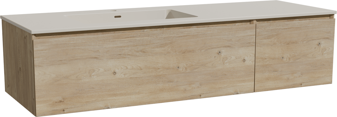 Storke Edge meuble salle de bains suspendu 150 x 52 cm chêne brut avec Diva vasque asymétrique gauche en top solid soie grise