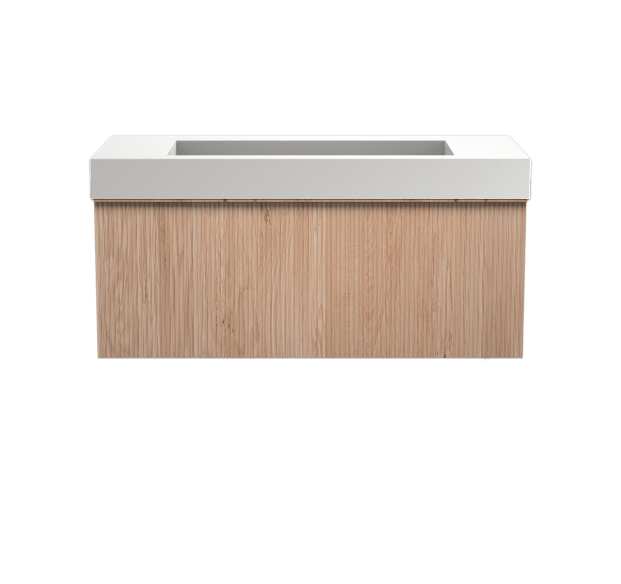 Balmani Forma hängendes Möbelstück Set: 120 x 55 cm, Naturbelassene Eiche, mit Modus Einzelwaschtisch für 2 Armaturenlöcher, Solid Surface, Weiß matt, Vertikale symmetrische gerade Rippe