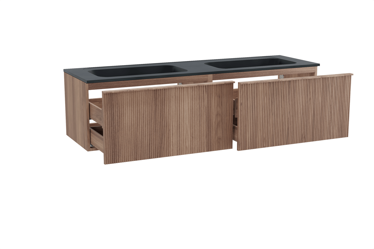 Balmani Forma hängendes Möbelstück Set: 180 x 55 cm, Teak, mit Tablo Strada Doppelwaschtisch, Marmorkomposit, Schwarz matt, Vertikale symmetrische gerade Rippe