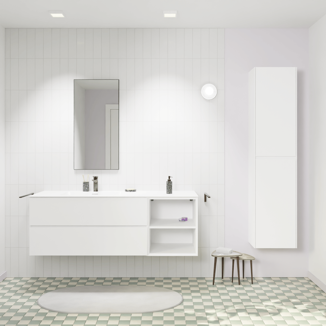 Storke Edge hängendes Möbelstück Set: 150 x 52 cm, Weiß matt, mit Mata Waschtisch links, Solid Surface Weiß matt