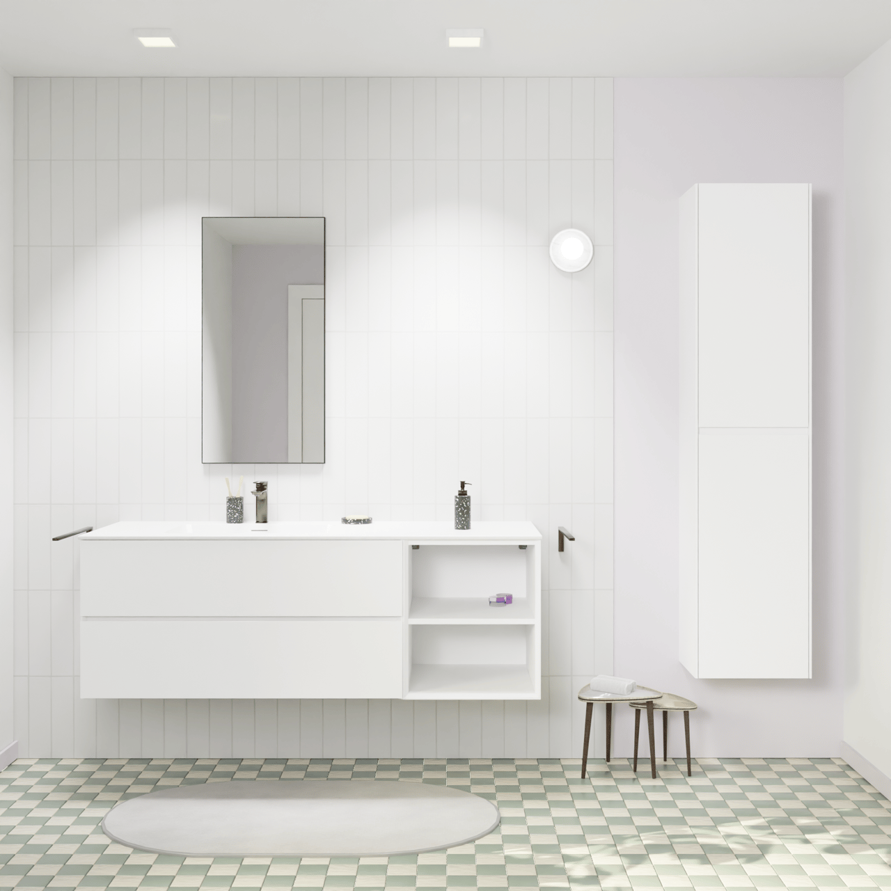 Storke Edge hängendes Möbelstück Set: 150 x 52 cm, Weiß matt, mit Mata Waschtisch links, Solid Surface Weiß matt