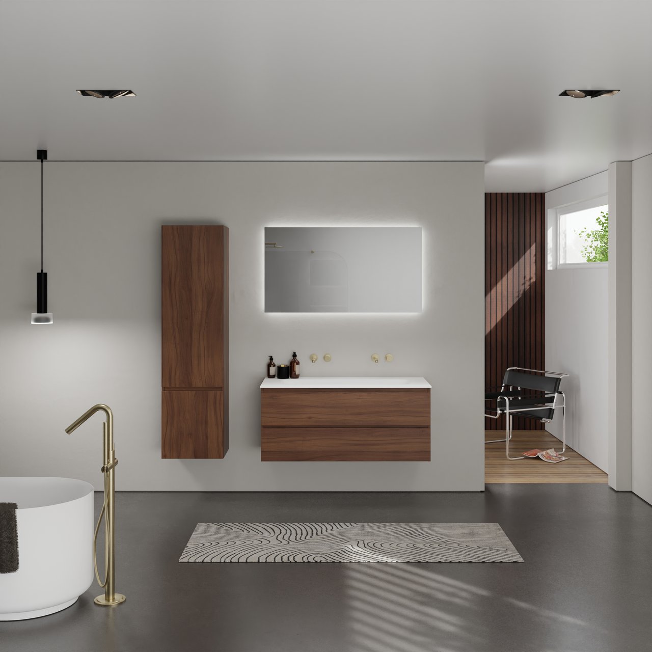 Balmani Lucida meuble salle de bains suspendu 120 x 55 cm noyer américain avec Tablo Strada plan simple en marbre composite blanc mat