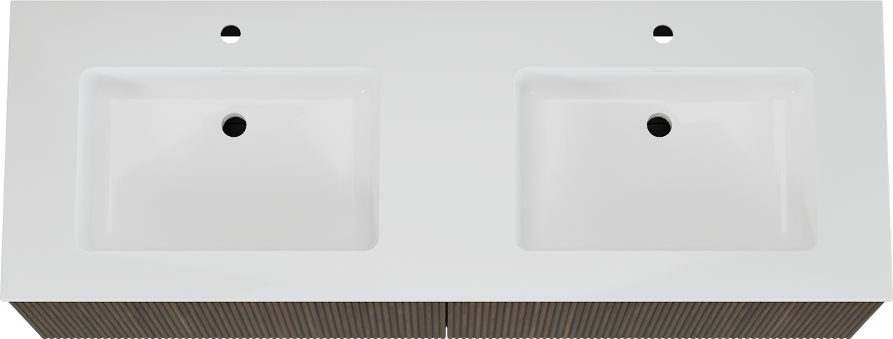 Storke Ribs zwevend badkamermeubel 150 x 52 cm notelaar met Bilia dubbele wastafel in composietmarmer glanzend wit, Verticale symmetrische rechte ribbel