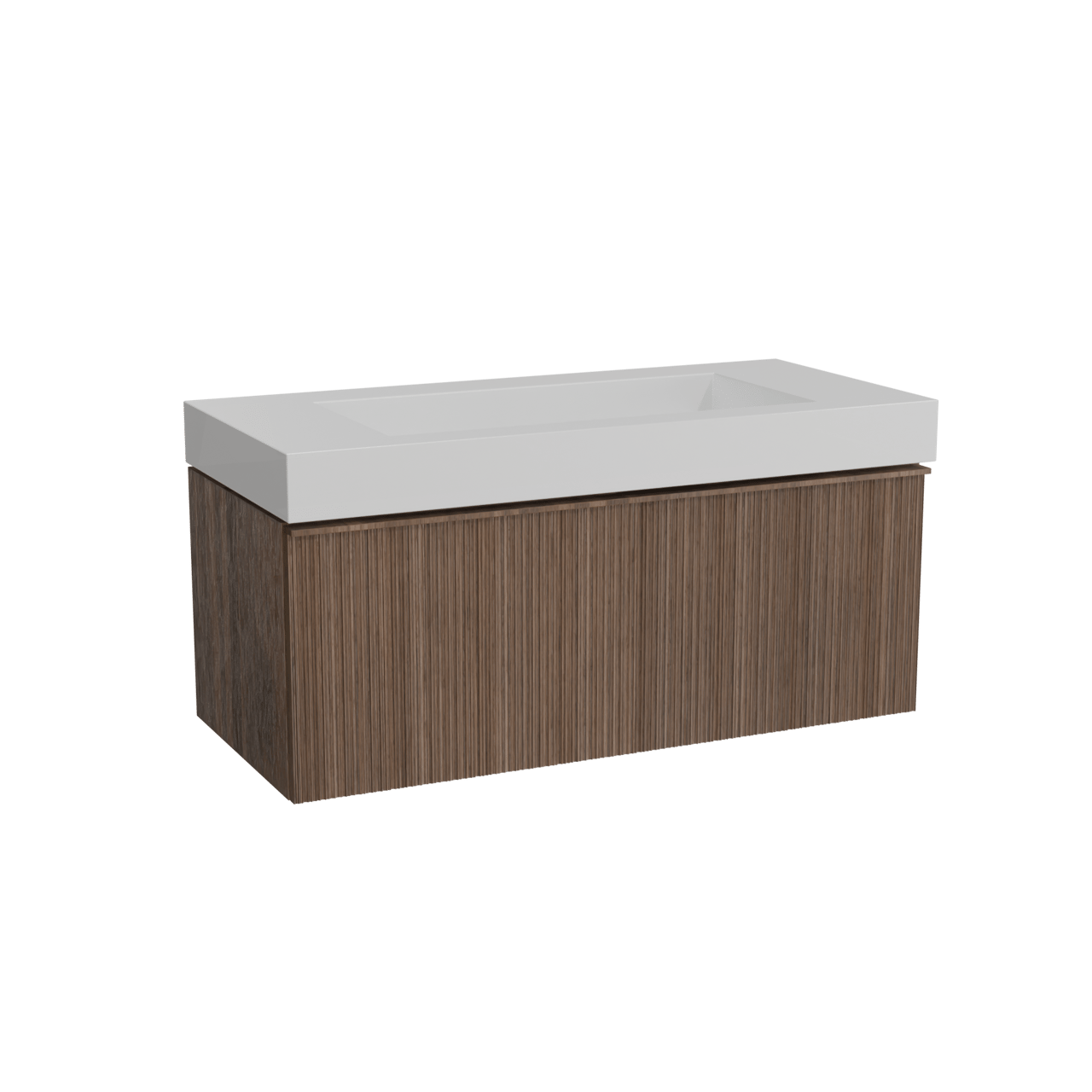 Balmani Forma meuble salle de bains suspendu 120 x 55 cm noyer américain avec Modus plan simple pour 2 trous de robinet en solid surface blanc mat, Nervure circulaire asymétrique verticale