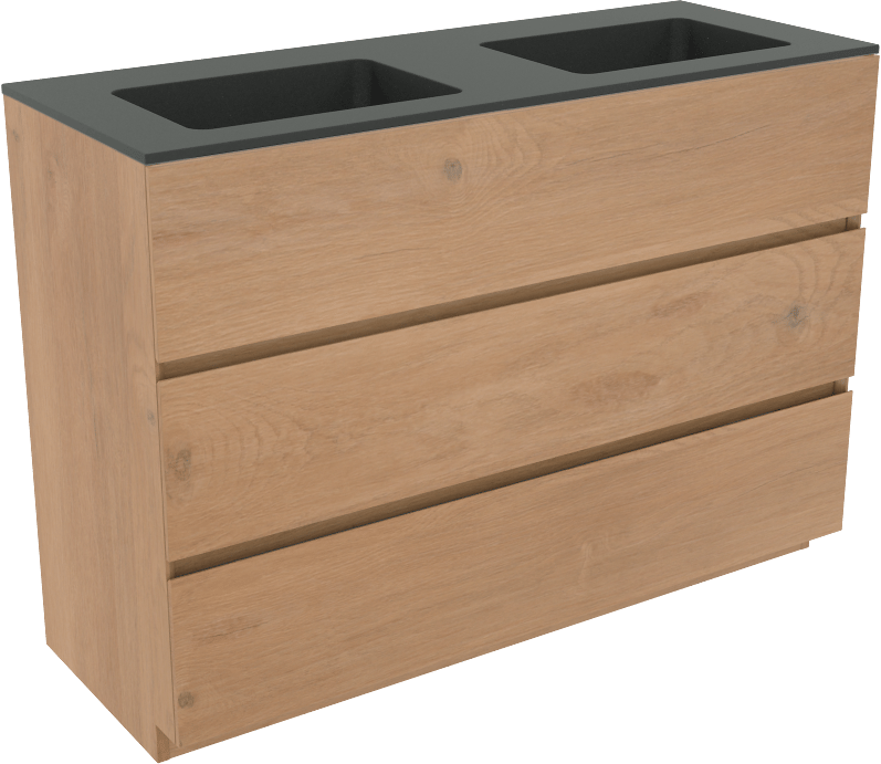 Storke Edge staand badmeubel 120 x 46 cm ruw eiken met Scuro dubbele wastafel in kwarts mat zwart