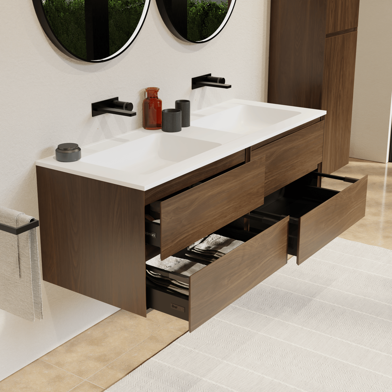 Balmani Mitra meuble salle de bains suspendu 150 x 55 cm noyer américain avec Tablo Strada double vasque en marbre composite blanc mat