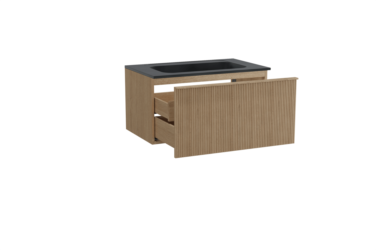 Balmani Forma hängendes Möbelstück Set: 90 x 55 cm, Naturbelassene Eiche, mit Tablo Strada Einzelwaschtisch, Marmorkomposit, Schwarz matt, Vertikale symmetrische gerade Rippe