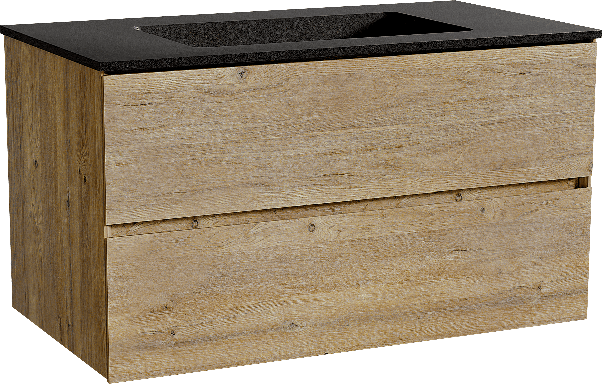 Storke Edge zwevend badmeubel 95 x 52 cm ruw eiken met Scuro enkele wastafel in kwarts mat zwart