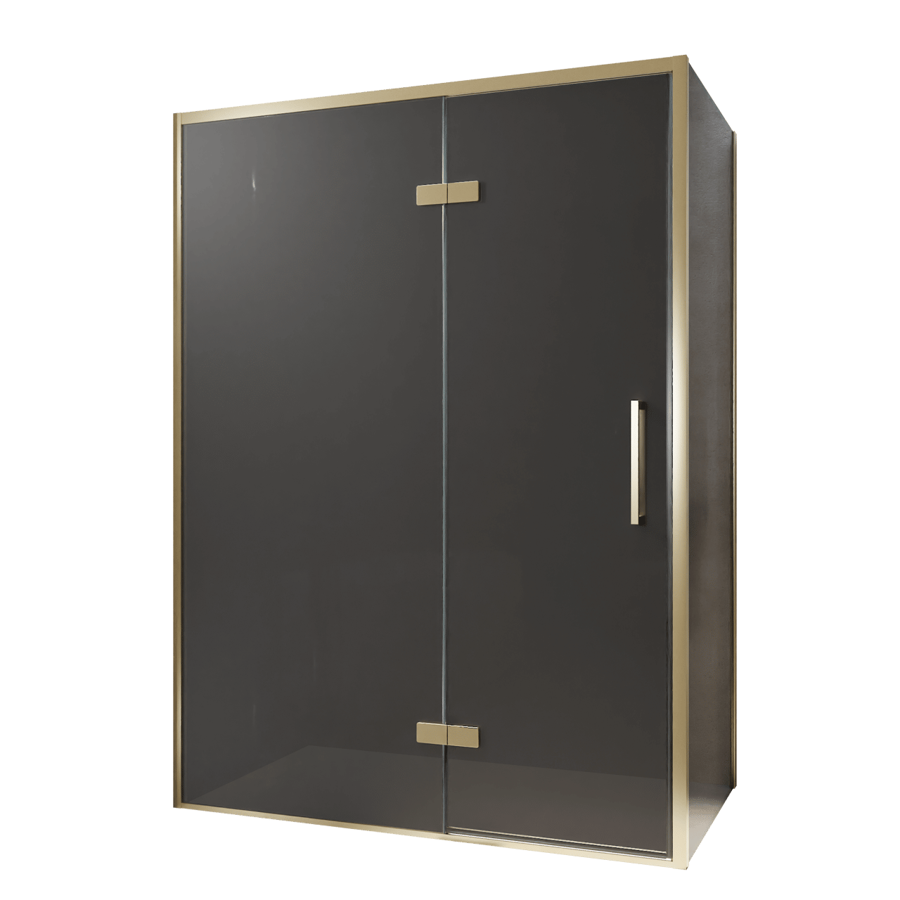 Balmani Senses Design Eckdusche: Drehtür (Links) mit fixierte Seitenwand, 140 x 100 cm, Rauchglas, Profil Brushed Champagner Gold