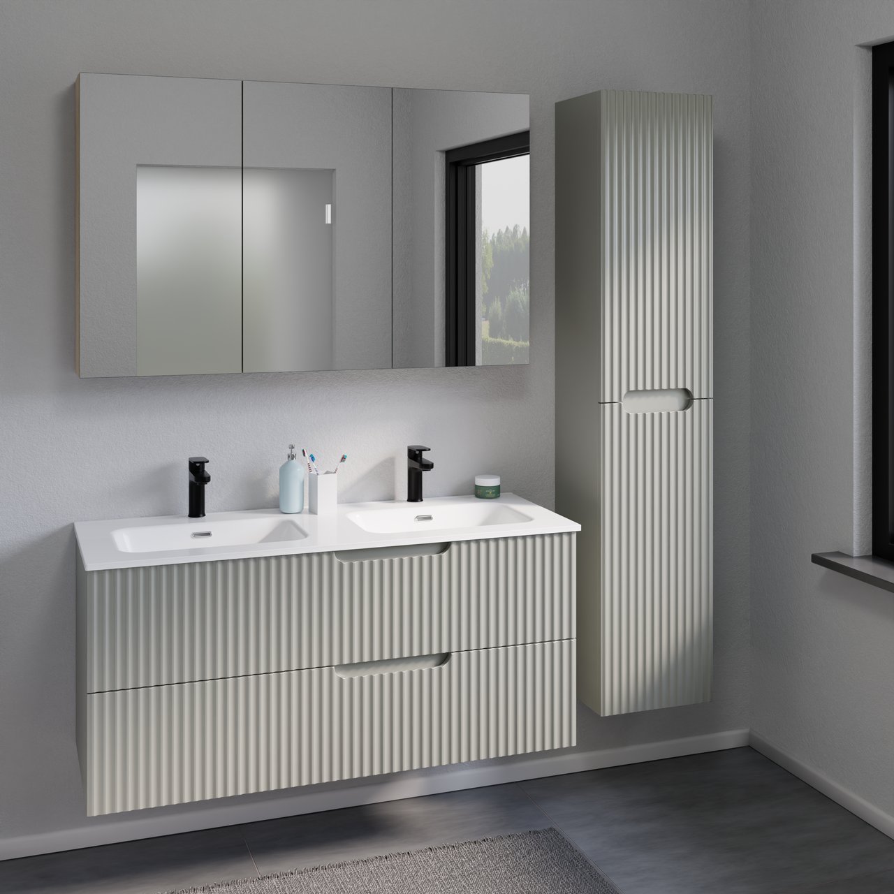 Linie Ribbo zwevend badkamermeubel 120 x 46 cm greige met Baro dubbele wastafel in porselein glanzend wit, Verticale symmetrische ronde ribbel