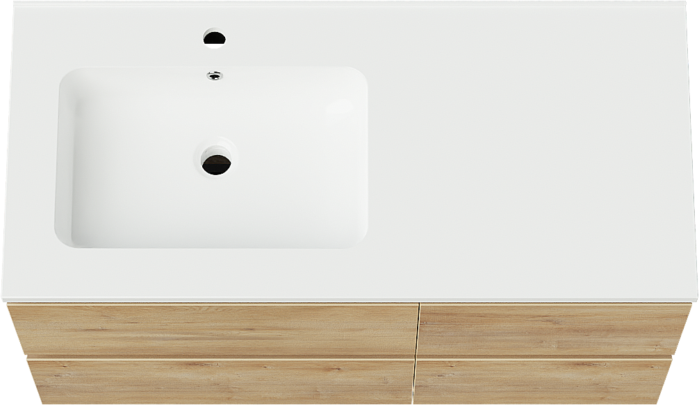 Linie Lado zwevend badkamermeubel 100 x 46 cm natuur eik met Vano asymmetrisch linkse wastafel in composietmarmer glanzend wit